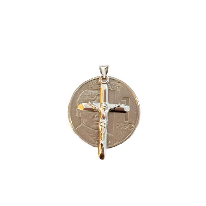 18k Saudi Gold Set White Gold Cross Jesus + White Gold Foxtail Chain 18"