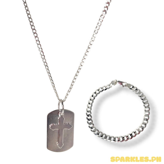 92.5 Sterling Silver - 2mm Cadena Chain 20" + 92.5 Sterling Silver - Cross Tag Pendant + 92.5 Sterling Silver -MENS 7mm Cadena Bracelet 8.5”