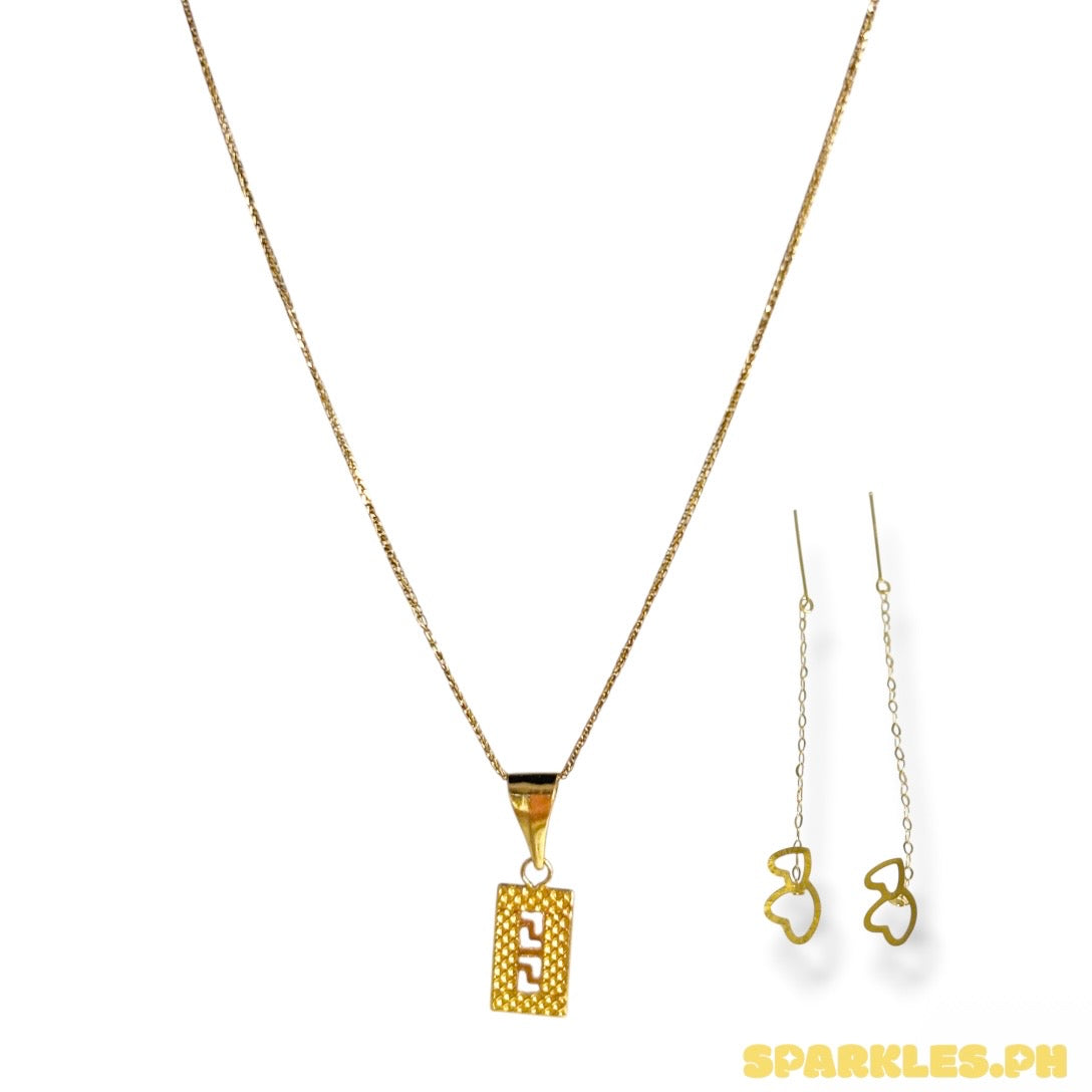 18k Saudi Gold Foxtail Chain 18" + 18k Saudi Gold Fenfen Rectangle Pendant + 18k Saudi Gold Twin Heart Tictac Earring