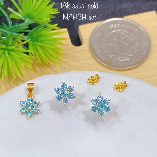 March Birthstone Set Pendant & Earrings 18k Saudi Gold