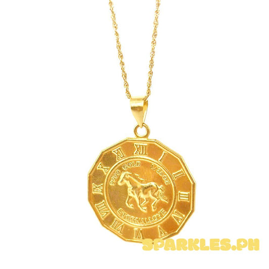 18k Saudi Gold Set Clock Horse + Rope Chain 24"