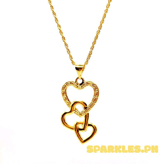 18k Saudi Gold Set Fenfen Triple Heart + Rope Chain