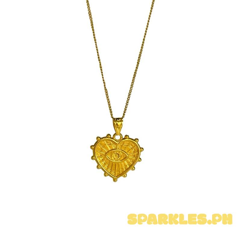 18k Saudi Gold Sinag EvilEye Heart Pendant + Cadena Chain 16”
