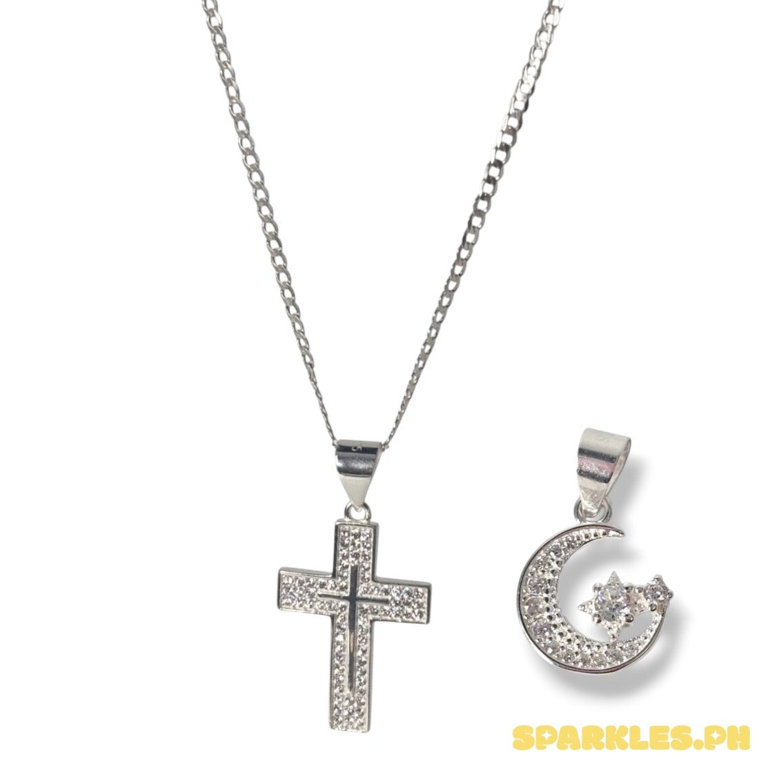 92.5 Sterling Silver - 2mm Cadena Chain 16" + 92.5 Sterling Silver - Moissanite Cross Pendant + 92.5 Sterling Silver - Crescent Pendant