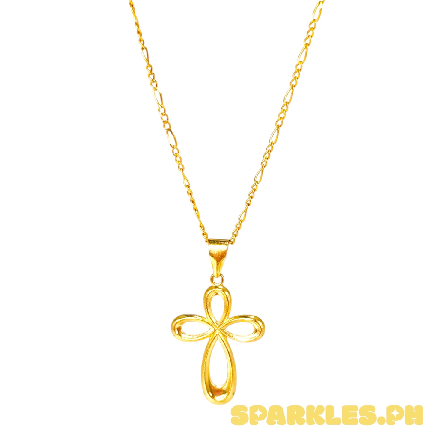 18k Saudi Gold Figaru 18' Chain Solid Pawnable Lightweight + 18k Saudi Gold Loop Cross Pendant
