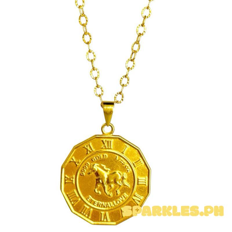 18k Saudi Gold Set Clock Horse + Diacut Circle Chain 20”