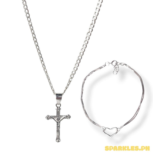 92.5 Sterling Silver - 2mm Cadena Chain 20" + 92.5 Sterling Silver - Jesus on Cross Pendant + 92.5 Sterling Silver - Double Layer Heart Bracelet