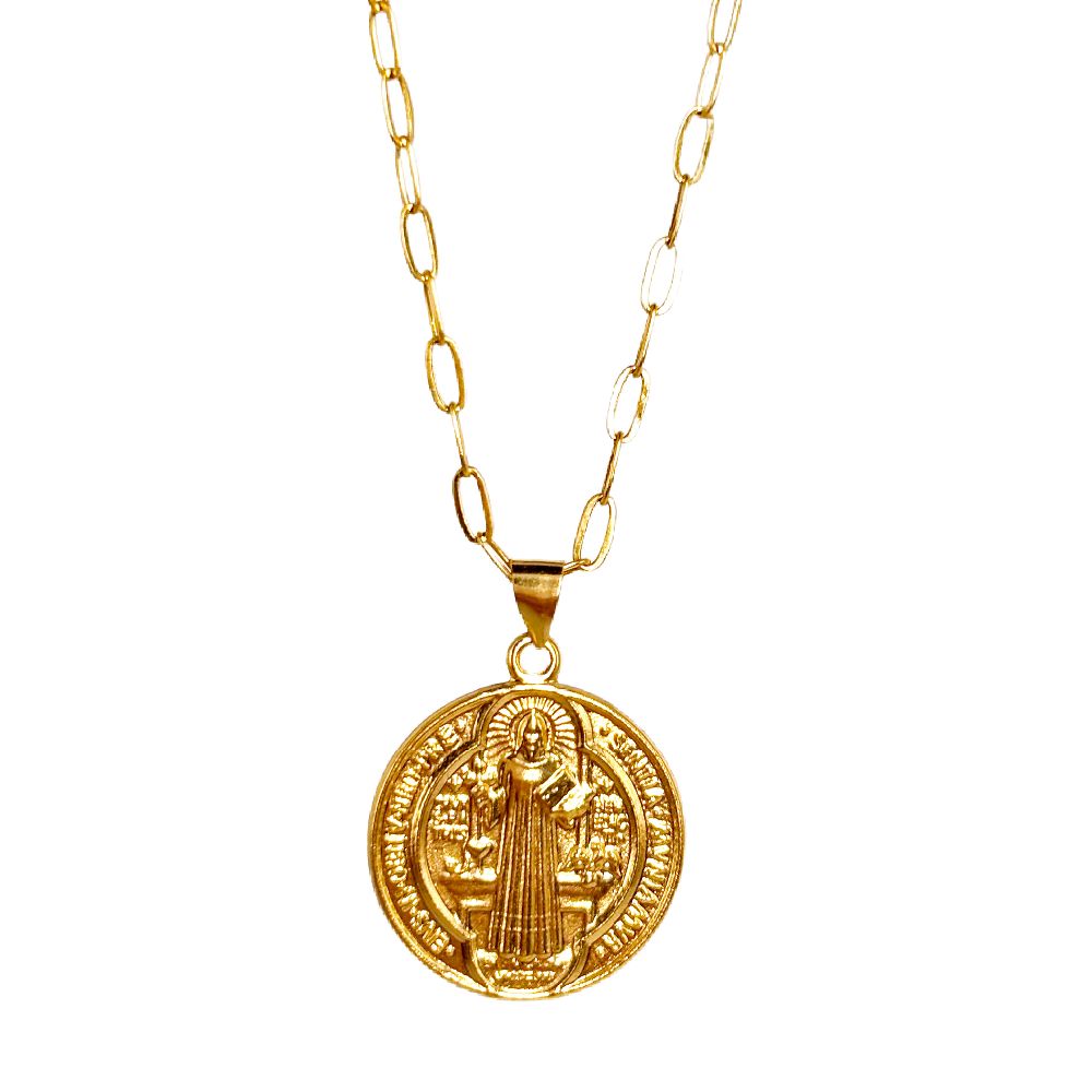 18k Saudi Gold Set St. Benedict Medallion + Micro Paperclip Makapal 20"