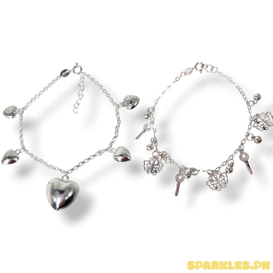 92.5 Sterling Silver Puffed Heart Charm Bracelet + 92.5 Sterling Silver - Station Butterfly Key Bracelet