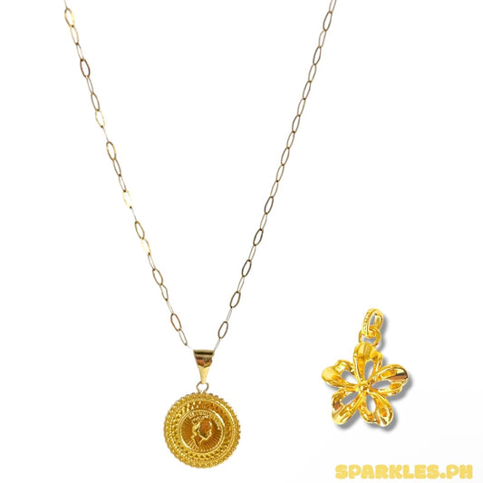18k Saudi Gold Micro Paperclip Chain 20" + 18k Saudi Gold Royal Queen Pendant + AMPAW/HOLLOW 18k Saudi Gold FlowerStyle Pendant - ZR07ZZTY