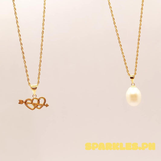 18k Saudi Gold Combo Set Mini Cupido Pendant + Rope Chain 16" & Freshwater Pearl + Rope Chain 16"