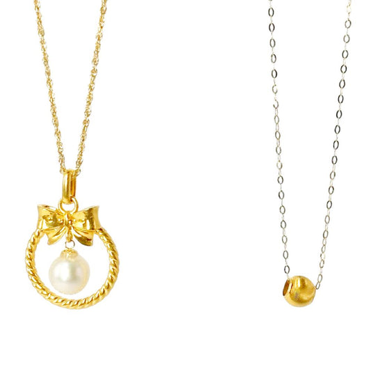 18k Saudi Gold Combo Sets Ribbon Pearl HOLLOW + Rope Chain 16" & Gold Cat Eye + Tauco Chain lv1