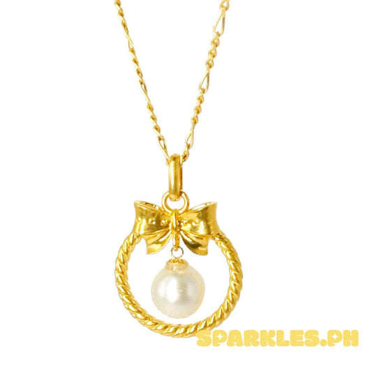 18k Saudi Gold Set Ribbon Pearl HOLLOW + Figaru Chain 20"