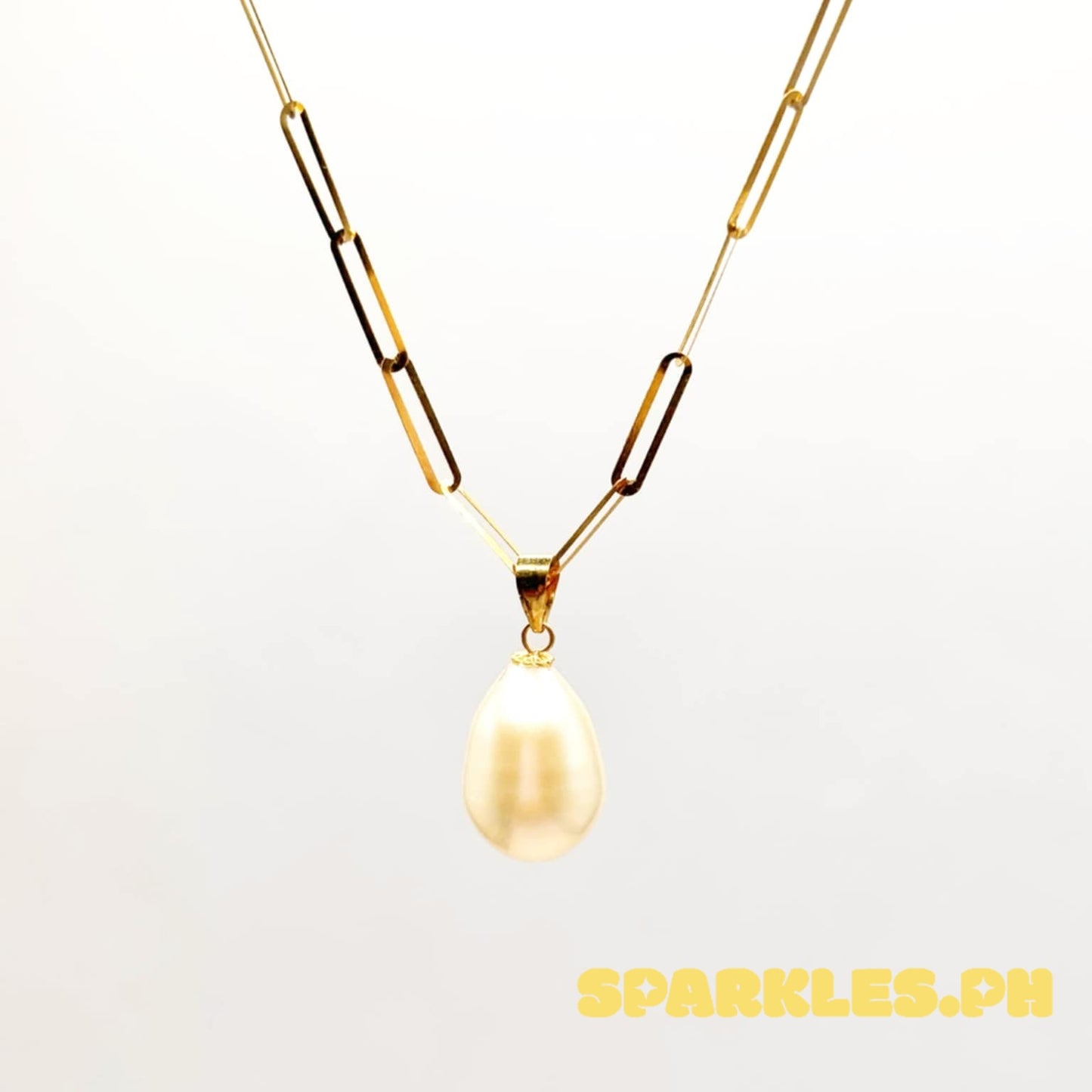 18k Saudi Gold Set Freshwater Pearl + 2X5MM PaperClip Chain 16"