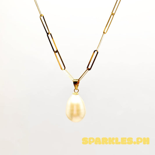 18k Saudi Gold Set Freshwater Pearl + 2X5MM PaperClip Chain 16"