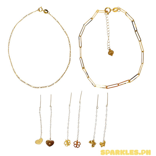 18k Saudi Gold Figaru Bracelet + 18k Saudi Gold 2x5mm Paperclip Bracelet With Extender + 18k Saudi Gold Sinag heart tictac v2 + 18k Saudi Gold Clover Tictac + 18k Saudi Gold Butterfly Tictac Earrings