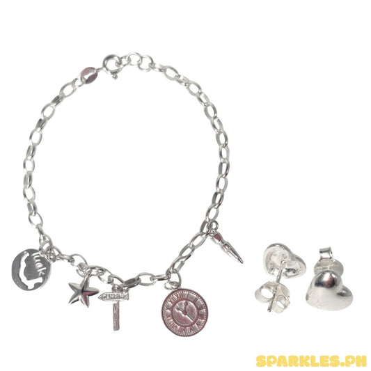 92.5 Sterling Silver - Celestial Charm Bracelet + 92.5 Sterling Silver - Plain Heart Stud Earrings