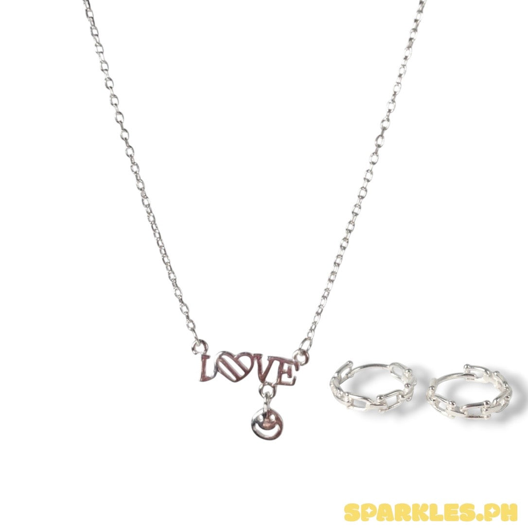 92.5 Sterling Silver - Love Smiley Necklace + 92.5 Sterling Silver - Double Loop Earring + 92.5 Silver - U Bar Clip Earrings