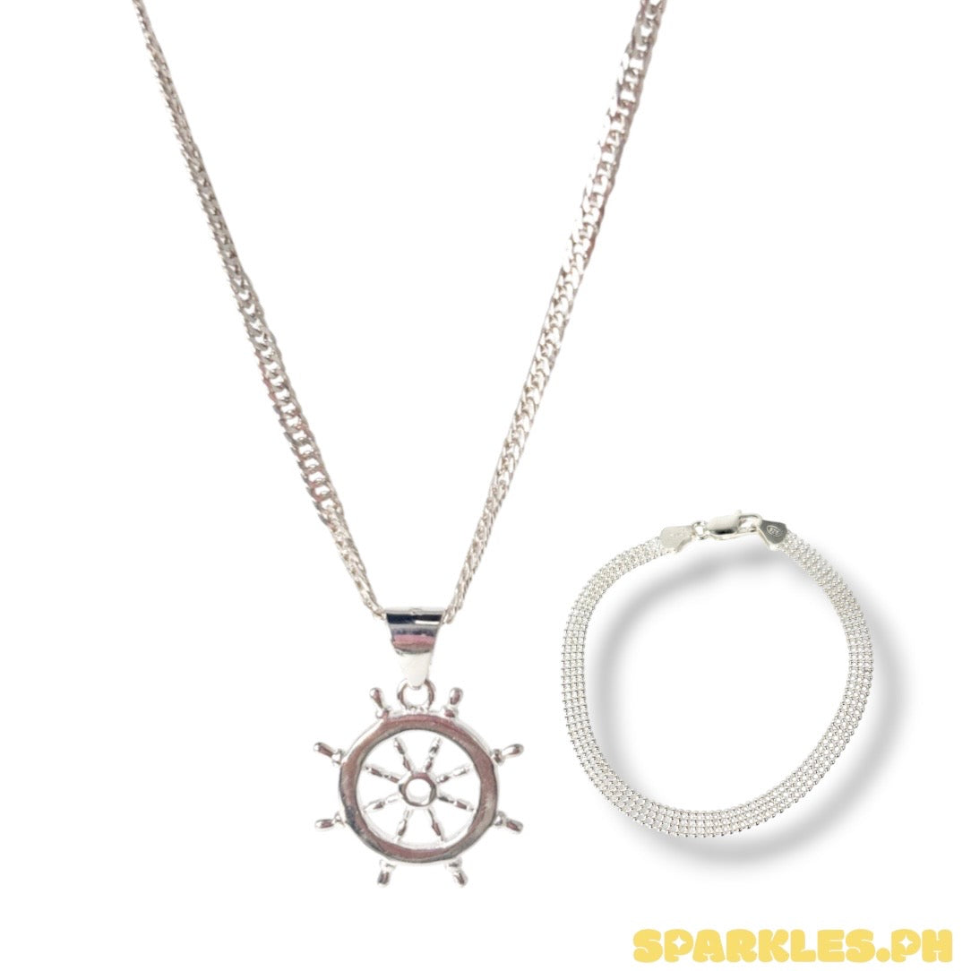 92.5 Sterling Silver - Japan Chain 18” + 92.5 Sterling Silver Anchor Wheel Pendant + 92.5 Sterling Silver - Bismark Bracelet