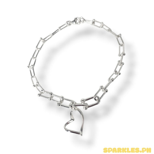 92.5 Sterling Silver - U Bar Line Heart Bracelet