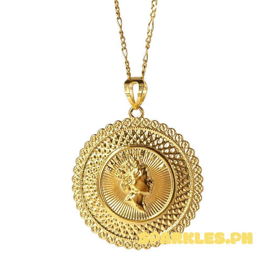 18k Saudi Gold Jumbo Queen Elizabeth Medallion + Figaru Chain Makapal 18"