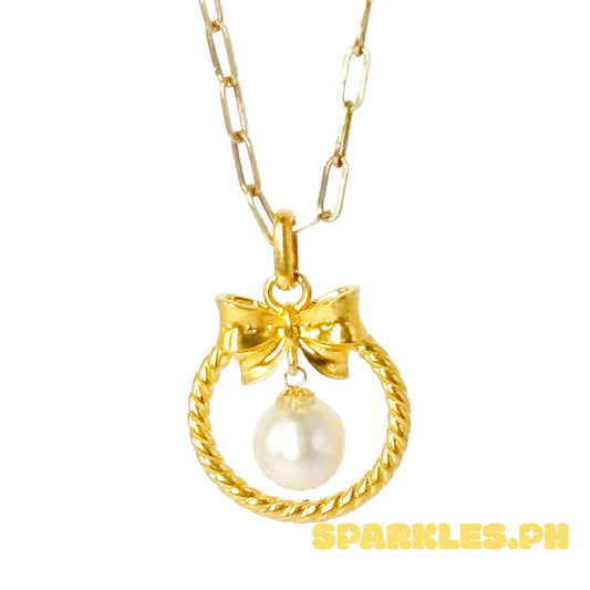 18k Saudi Gold Set Ribbon Pearl HOLLOW + Micro Paperclip Chain 20" Makapal