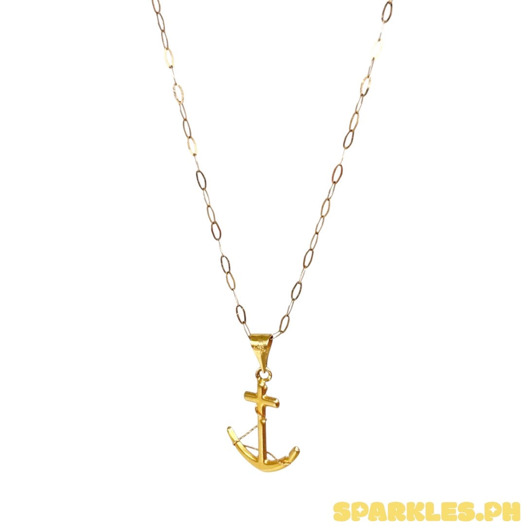 18k Saudi Gold Micro Paperclip Chain 18" + 18k Saudi Gold Anchor String Pendant