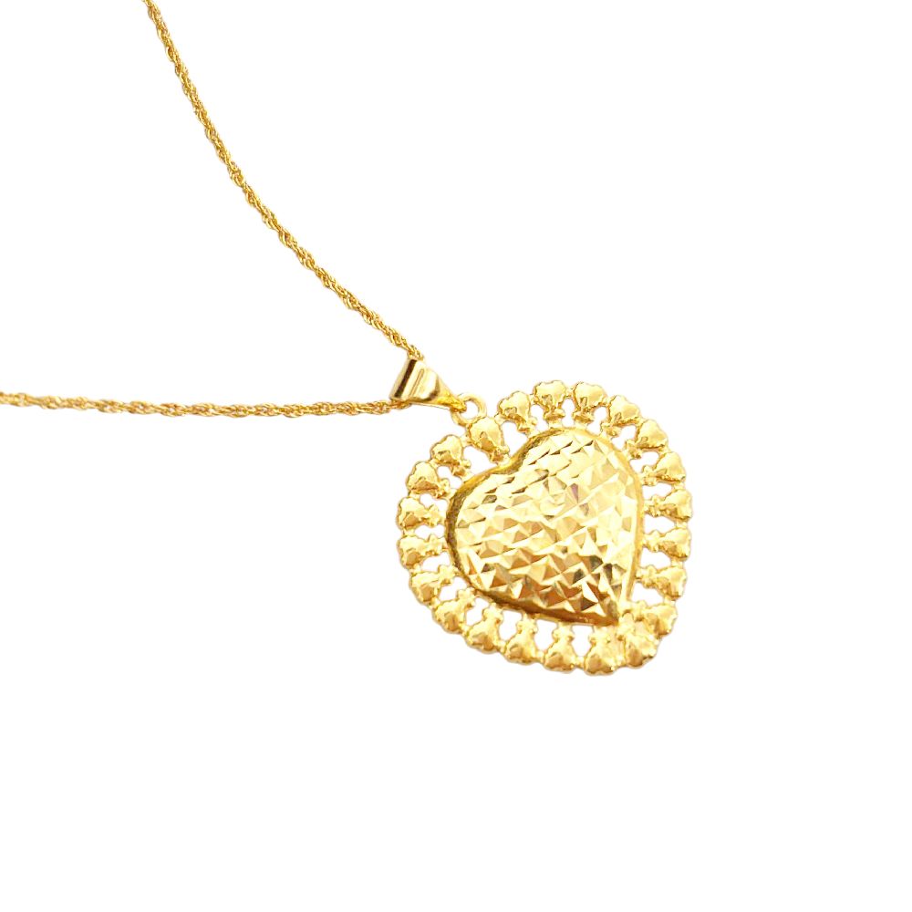 18k Saudi Gold Set Diacut Lace Heart + Rope Chain 16"