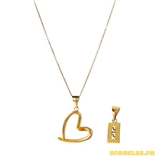 18k Saudi Gold Foxtail Chain 18 + 18k Saudi Gold Line Heart with Hook Pendant + 18k Saudi Gold Fenfen Rectangle Pendant