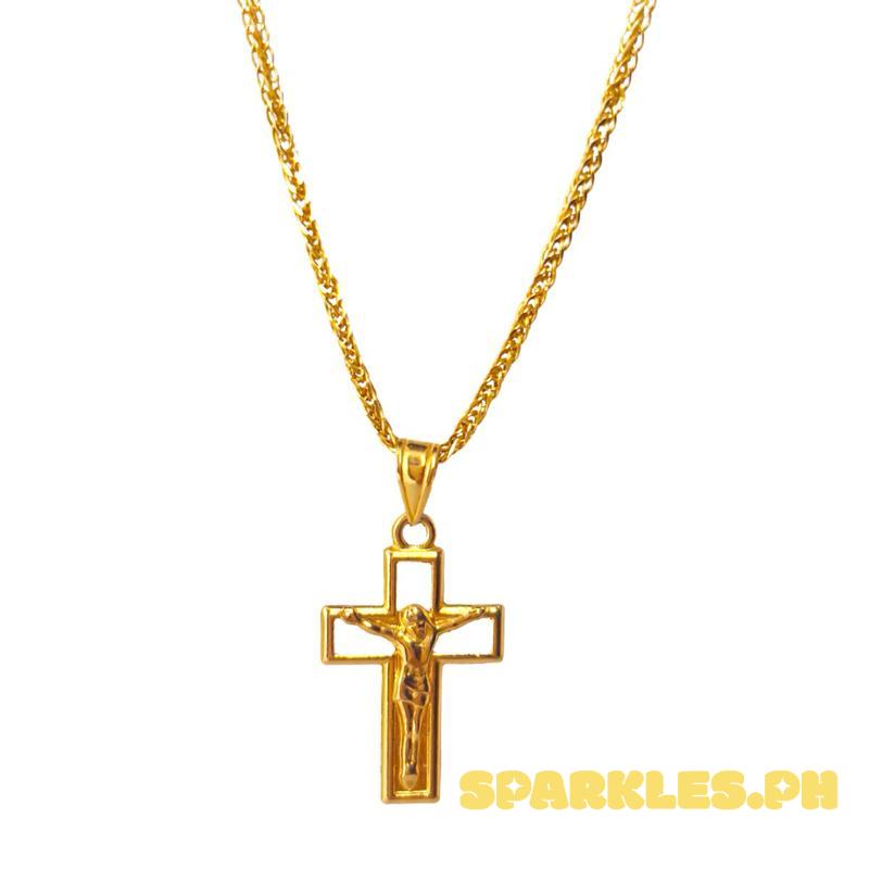 18k Saudi Gold Set Engraved Jesus Cross + Foxtail Chain Makapal 20”