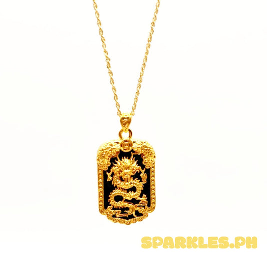 18k Saudi Gold Set Black Bar Dragon HOLLOW + Rope Chain 20"
