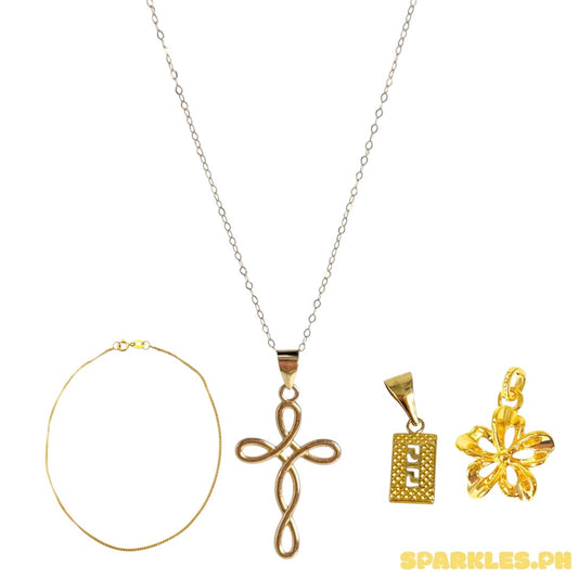 18k Saudi Gold Tauco Chain Level 1 + 18k Saudi Gold Twisted Cross Pendant + 18k Saudi Gold Fenfen Rectangle Pendant + AMPAW/HOLLOW 18k Saudi Gold FlowerStyle Pendant - ZR07ZZTY +18k Saudi Gold Cadena BRACELET W/O Extender 7.5"