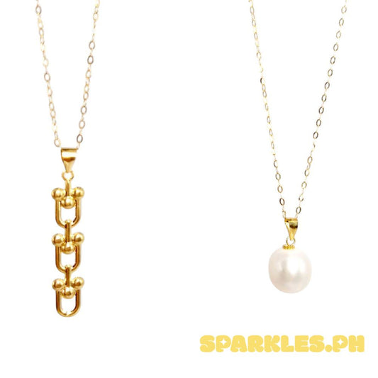 18k Saudi Gold Combo Sets Triplet U-Bar +Tauco Chain lv1 & Freshwater Pearl + Tauco Chain lv1