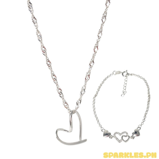 92.5 Sterling Silver - Twisted Chain 18” + 92.5 Sterling Silver - Line Heart Pendant V2 + 92.5 Sterling Silver - Heart Bond Bracelet