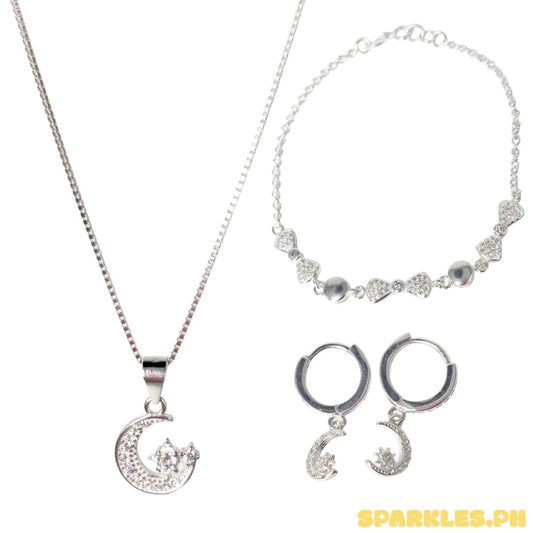 92.5 Sterling Silver - Box Chain 18” + 92.5 Sterling Silver - Crescent Pendant + 92.5 Sterling Silver - Crescent Clip Earrings + 92.5 Sterling Silver - Bow Bead Bracelet