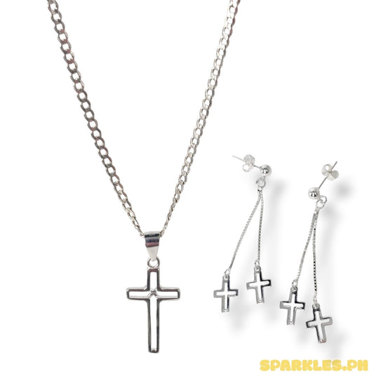 92.5 Sterling Silver - 2mm Cadena Chain 20" + 92.5 Sterling Silver - Open Cross Pendant + 92.5 Sterling Silver - Twin Cross Earrings