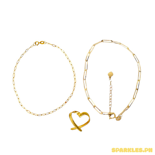 SK - 18k Saudi Micro V1 Paperclip Bracelet Lightweight 7.5" + 18k Saudi Gold 2x5mm Paperclip Bracelet With Extender + 18k Saudi Gold Boarder Heart Pendant