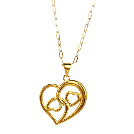 18k Saudi Gold Set Open Triple Heart + Micro Paperclip Makapal 16"