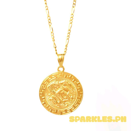 18k Saudi Gold Set Dragon Medallion+ Figaru Chain 18"