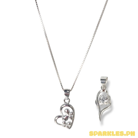 92.5 Sterling Silver - Box Chain 18” + 92.5 Sterling Silver - Butterfly Heart Pendant + 92.5 Sterling Silver - Flower Pendant