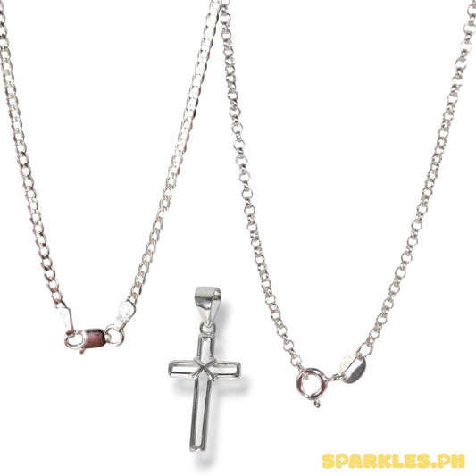 92.5 Sterling Silver - 2mm Cadena Chain 16" + 92.5 Sterling Silver - Tauco Chain Level 4 + 92.5 Sterling Silver - Open Cross Pendant