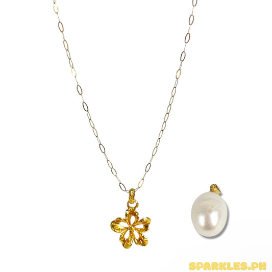 18k Saudi Gold Micro Paperclip Chain 18" + AMPAW/HOLLOW 18k Saudi Gold FlowerStyle Pendant - ZR07ZZTY + 18k Saudi Gold Freshwater Pearl Hook Pendant