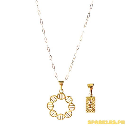 18k Saudi Gold Micro Paperclip Chain 20" + 18k Saudi Gold DNA Style Pendant + 18k Saudi Gold Fenfen Rectangle Pendant