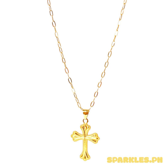 MT - MAKAPAL Micro Paperclip Chain 20' + 18k Saudi Gold Cursive Cross Style Pendant