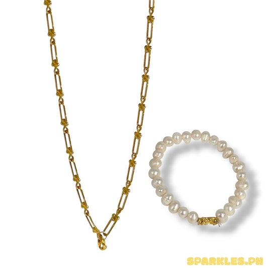18k Saudi Gold U Bar Necklace 16' + Bright White Pearl Piyao W/O Extender Bracelet
