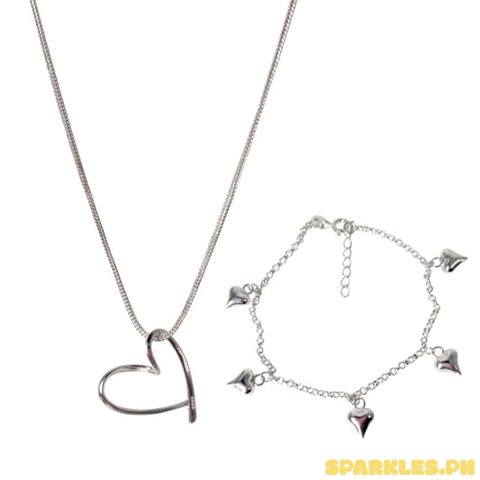 92.5 Sterling Silver - Foxtail Chain 18" + 92.5 Sterling Silver - Line Heart Pendant + 92.5 Sterling Silver - Station Plain Heart Bracelet