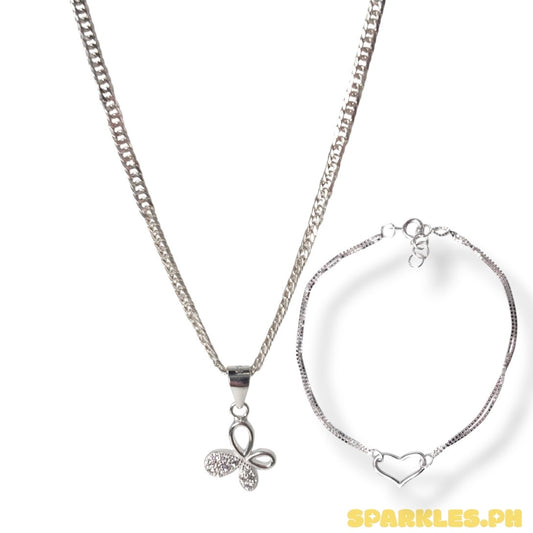 92.5 Sterling Silver - Japan Chain 18” + 92.5 Sterling Silver - Mini Butterfly Pendant + 92.5 Sterling Silver - Double Layer Heart Bracelet