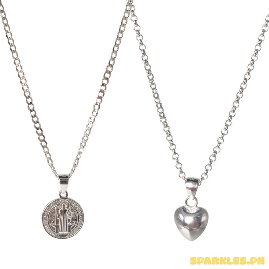 92.5 Sterling Silver - 2mm Cadena Chain 16" + 92.5 Sterling Silver - St. Benedict Medallion Pendant V1 + 92.5 Sterling Silver - Foxtail Chain 18" + 92.5 Sterling Silver - Puffed Heart Pendant