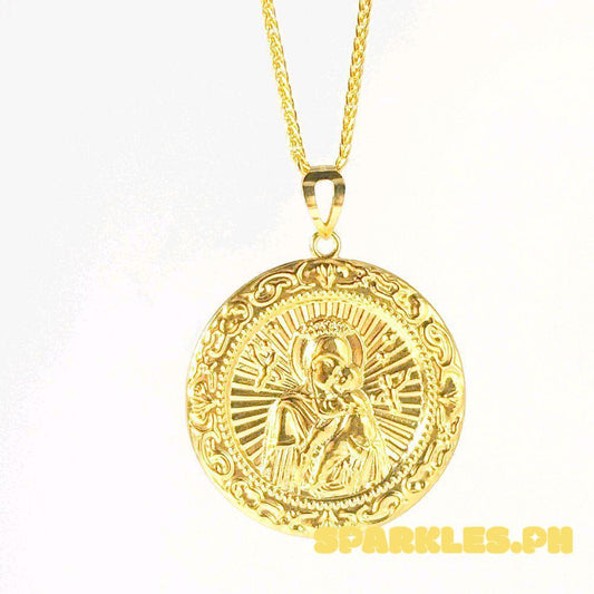 18k Saudi Gold Set Sacred Mary & Child + Foxtail Chain Makapal 20"