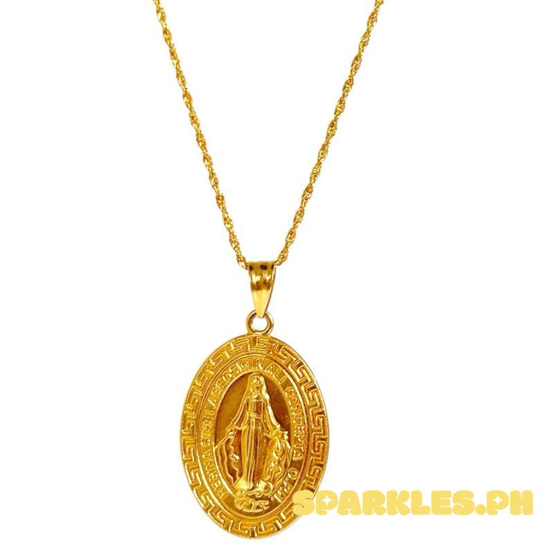 18k Saudi Gold Set Oval Virgin Mary + Rope Chain 18”